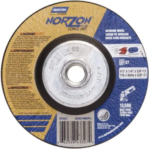 Norton - 24 Grit, 4-1/2" Wheel Diam, 1/4" Wheel Thickness, Type 27 Depressed Center Wheel - Ceramic - Benchmark Tooling