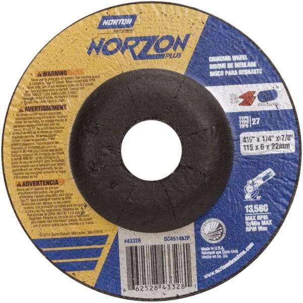Norton - 24 Grit, 4-1/2" Wheel Diam, 1/4" Wheel Thickness, 7/8" Arbor Hole, Type 27 Depressed Center Wheel - Ceramic, 13,580 Max RPM - Benchmark Tooling