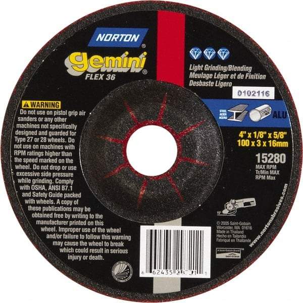 Norton - 36 Grit, 4-1/2" Wheel Diam, 1/8" Wheel Thickness, Type 29 Depressed Center Wheel - Aluminum Oxide - Benchmark Tooling