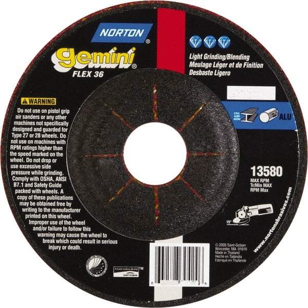 Norton - 36 Grit, 5" Wheel Diam, 1/8" Wheel Thickness, 7/8" Arbor Hole, Type 29 Depressed Center Wheel - Aluminum Oxide - Benchmark Tooling