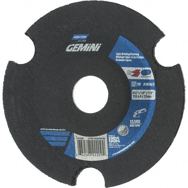 Norton - 36 Grit, 4-1/2" Wheel Diam, 1/8" Wheel Thickness, 7/8" Arbor Hole, Type 29 Depressed Center Wheel - Aluminum Oxide - Benchmark Tooling