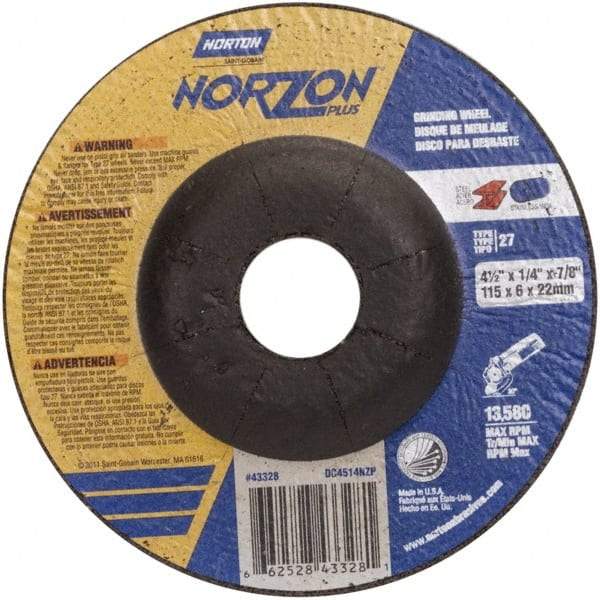 Norton - 24 Grit, 4-1/2" Wheel Diam, 1/4" Wheel Thickness, 7/8" Arbor Hole, Type 27 Depressed Center Wheel - Ceramic - Benchmark Tooling