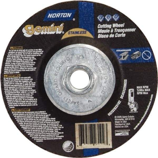 Norton - 36 Grit, 4-1/2" Wheel Diam, 3/32" Wheel Thickness, Type 27 Depressed Center Wheel - Aluminum Oxide - Benchmark Tooling