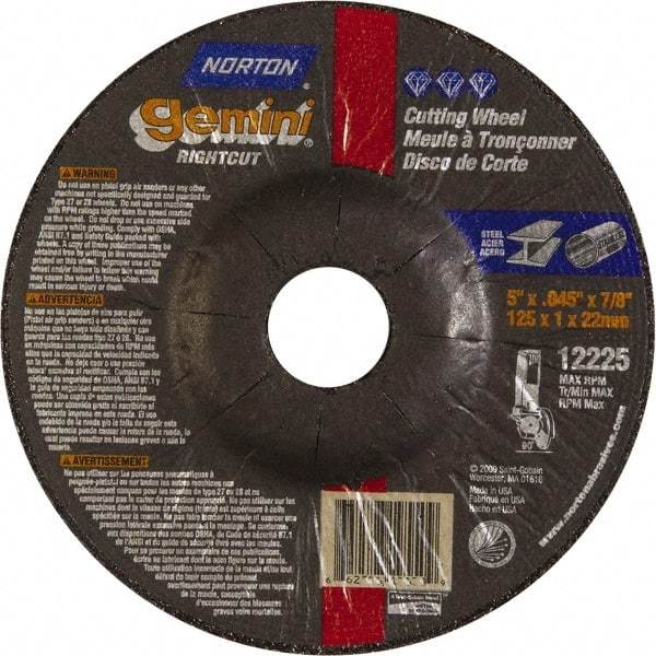 Norton - 46 Grit, 5" Wheel Diam, 7/8" Arbor Hole, Type 27 Depressed Center Wheel - Aluminum Oxide - Benchmark Tooling