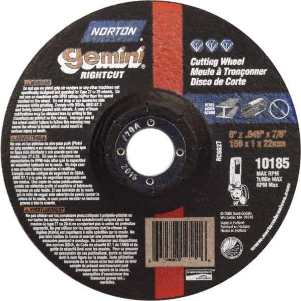 Norton - 46 Grit, 6" Wheel Diam, 7/8" Arbor Hole, Type 27 Depressed Center Wheel - Aluminum Oxide - Benchmark Tooling