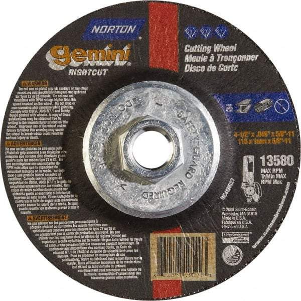 Norton - 46 Grit, 4-1/2" Wheel Diam, Type 27 Depressed Center Wheel - Aluminum Oxide - Benchmark Tooling