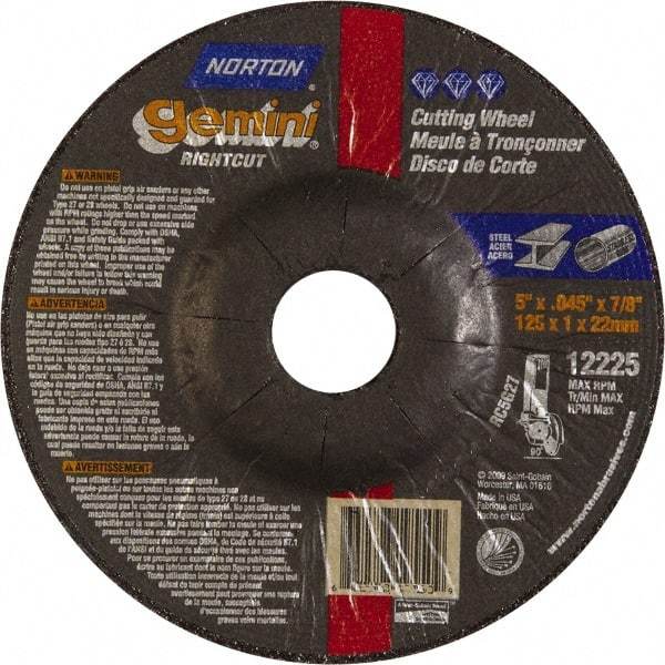 Norton - 46 Grit, 5" Wheel Diam, 7/8" Arbor Hole, Type 27 Depressed Center Wheel - Aluminum Oxide - Benchmark Tooling