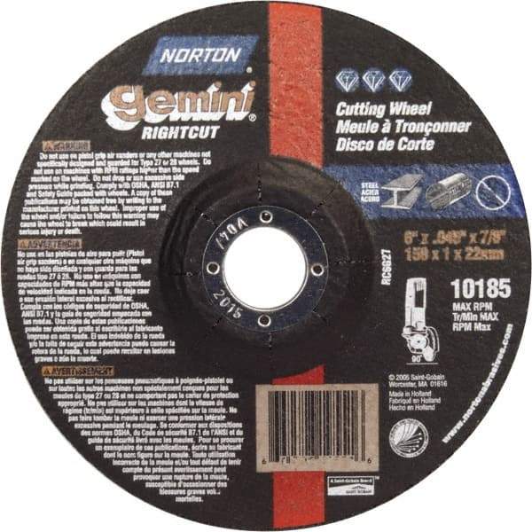 Norton - 46 Grit, 6" Wheel Diam, 7/8" Arbor Hole, Type 27 Depressed Center Wheel - Aluminum Oxide - Benchmark Tooling