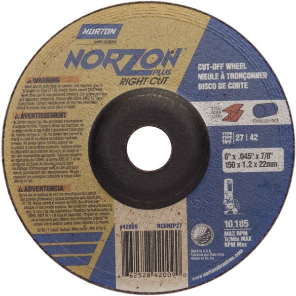 Norton - 46 Grit, 6" Wheel Diam, 7/8" Arbor Hole, Type 27 Depressed Center Wheel - Benchmark Tooling