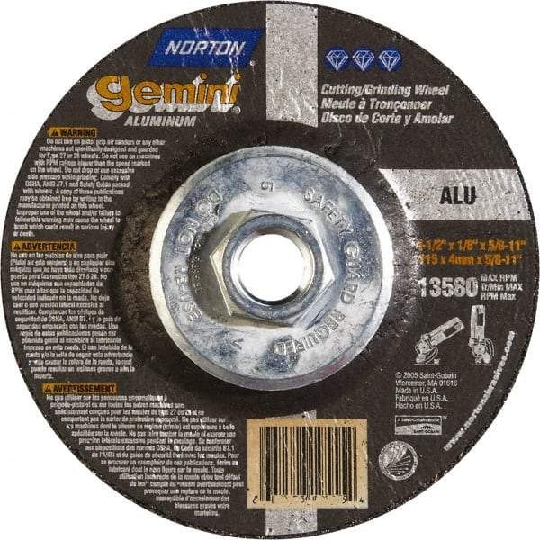 Norton - 24 Grit, 4-1/2" Wheel Diam, 1/8" Wheel Thickness, Type 27 Depressed Center Wheel - Aluminum Oxide, 13,580 Max RPM - Benchmark Tooling