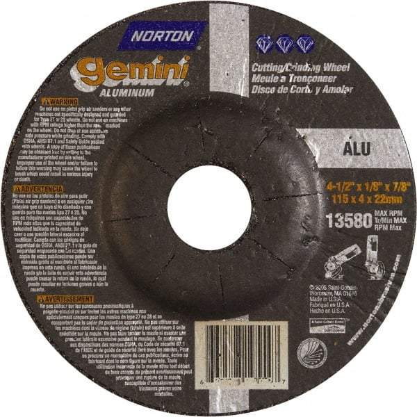 Norton - 24 Grit, 4-1/2" Wheel Diam, 1/8" Wheel Thickness, 7/8" Arbor Hole, Type 27 Depressed Center Wheel - Aluminum Oxide, 13,580 Max RPM - Benchmark Tooling