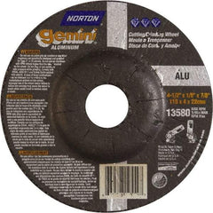 Norton - 24 Grit, 4-1/2" Wheel Diam, 1/8" Wheel Thickness, 7/8" Arbor Hole, Type 27 Depressed Center Wheel - Aluminum Oxide, 13,580 Max RPM - Benchmark Tooling