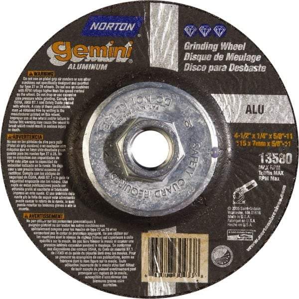 Norton - 24 Grit, 4-1/2" Wheel Diam, 1/4" Wheel Thickness, Type 27 Depressed Center Wheel - Aluminum Oxide, 13,580 Max RPM - Benchmark Tooling
