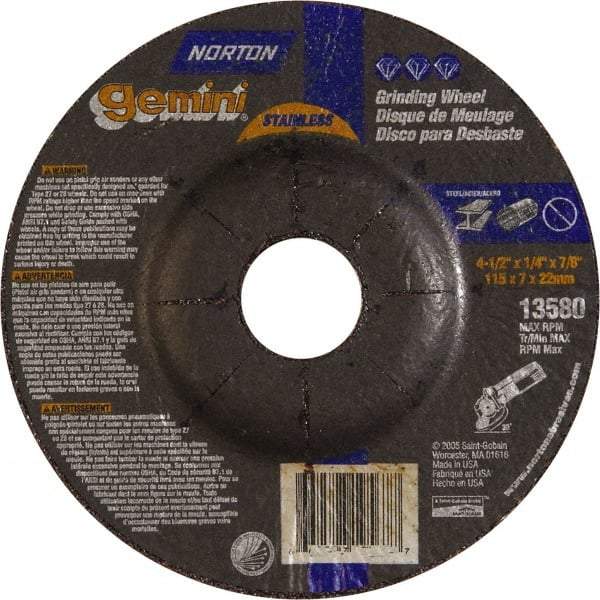 Norton - 24 Grit, 4-1/2" Wheel Diam, 1/4" Wheel Thickness, 7/8" Arbor Hole, Type 27 Depressed Center Wheel - Aluminum Oxide - Benchmark Tooling