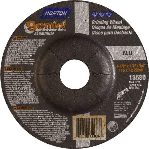 Norton - 24 Grit, 4-1/2" Wheel Diam, 1/4" Wheel Thickness, 7/8" Arbor Hole, Type 27 Depressed Center Wheel - Aluminum Oxide, 13,580 Max RPM - Benchmark Tooling