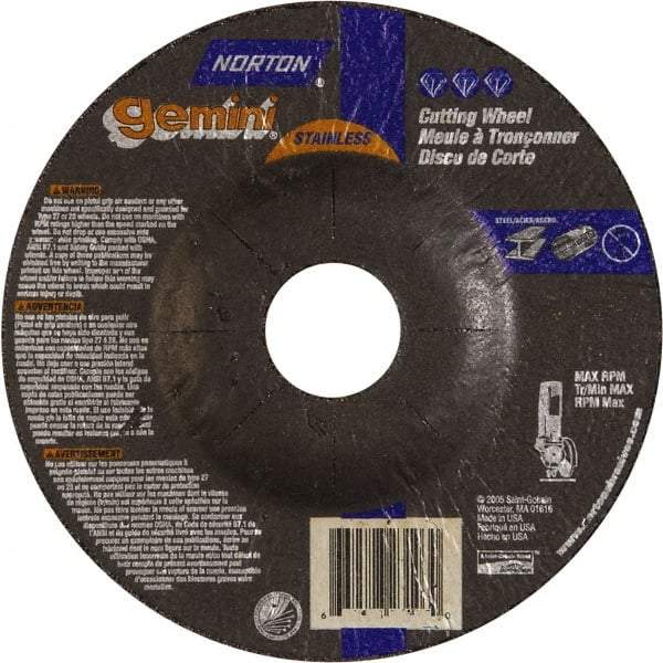 Norton - 36 Grit, 5" Wheel Diam, 3/32" Wheel Thickness, 7/8" Arbor Hole, Type 27 Depressed Center Wheel - Aluminum Oxide - Benchmark Tooling