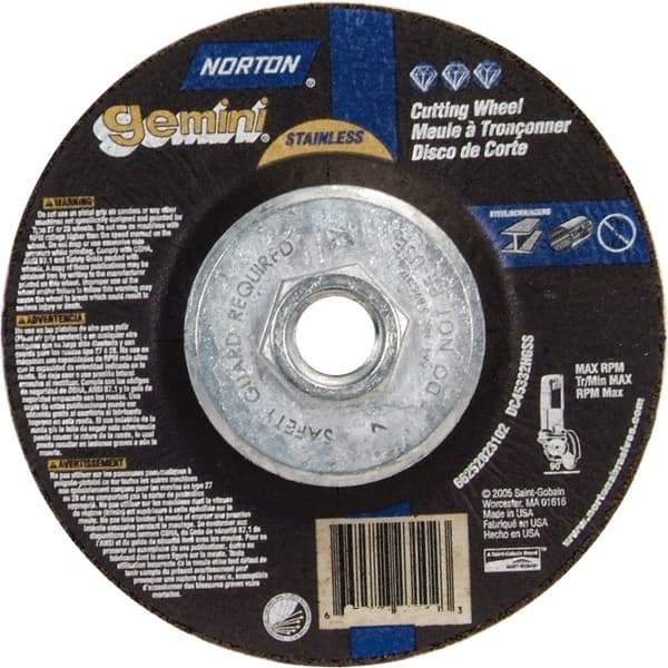 Norton - 36 Grit, 5" Wheel Diam, 3/32" Wheel Thickness, Type 27 Depressed Center Wheel - Aluminum Oxide - Benchmark Tooling