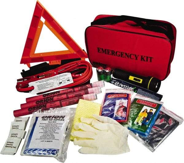 ORION Safety - 79 Piece, Emergency Roadside Safety Kit - Emergency Flares, Reflective Triangle, Flashlight, Batteries, Lightstick, Vest, Poncho, Shop Cloth, Jumper Cable, Multi-Tool, Thermal Blanket, Toweletes & First Aid Supplies - Benchmark Tooling