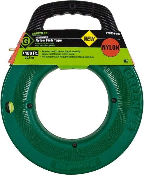 Greenlee - 100 Ft. Long x 3/16 Inch Wide, Nylon Fish Tape - 250 Lb. Pulling Strength, Includes Case - Benchmark Tooling