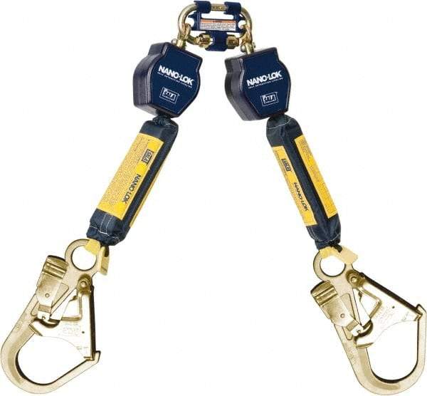 DBI/SALA - 6' Long, 420 Lb Capacity, 2 Leg Twin Leg Harness Self-Retracting Lifeline - 25/32" Diam, Dyneema & Polyester Webbing, Flat Steel Rebar Hook Anchorage Connection - Benchmark Tooling