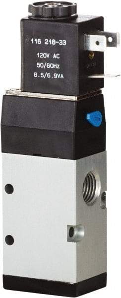ARO/Ingersoll-Rand - 1/4" Inlet x 1/4" Outlet, Single Solenoid Actuator, Spring Return, 2 Position, Body Ported Solenoid Air Valve - 24 VDC Input, 0.7 CV, 3 Way, 115 psi, 122° Max Temp, 15° Min Temp - Benchmark Tooling