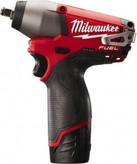 Milwaukee Tool - 3/8" Drive 12 Volt Pistol Grip Cordless Impact Wrench & Ratchet - 0 to 2,650 RPM, 0 to 3,500 BPM, 116.66 Ft/Lb Torque, 2 Lithium-Ion Batteries Included - Benchmark Tooling