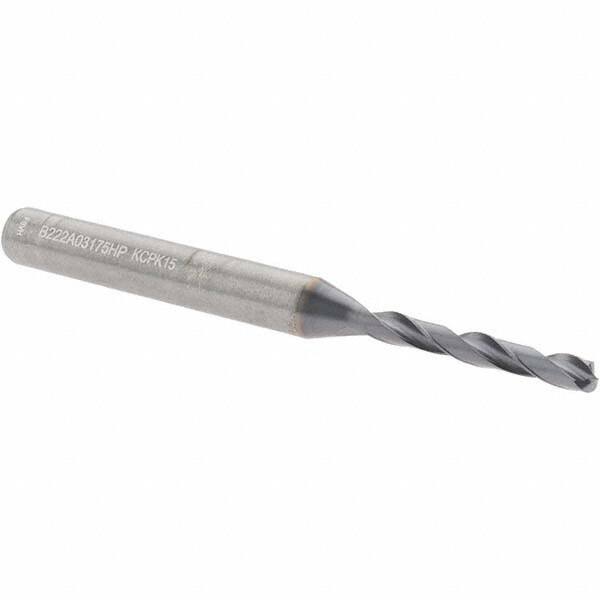 Kennametal - 1/8" 135° Solid Carbide Jobber Drill - Multilayer TiAlN Finish, Right Hand Cut, Spiral Flute, Straight Shank, 66mm OAL, Standard Point - Benchmark Tooling