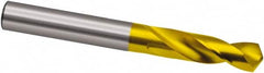 Guhring - 7.7mm 118° Spiral Flute High Speed Steel Screw Machine Drill Bit - TiN Finish, Right Hand Cut, 37mm Flute Length, 79mm OAL, Cone Relief Point, Straight Shank - Benchmark Tooling