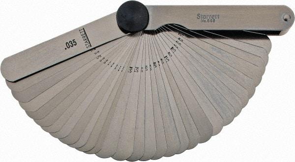 Starrett - 31 Piece, 0.0015 to 0.035" Thick, Parallel Feeler Gage Set - 3-1/32" Leaf Length, 1/2" Wide, Tempered Steel - Benchmark Tooling