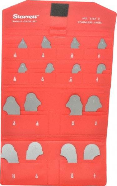 Starrett - 16 Piece, 1/32 to 1/2 Inch Radius, Stainless Steel Radius Gage Set - Satin Chrome Coated - Benchmark Tooling
