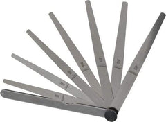 Starrett - 8 Piece, 0.002 to 0.015" Thick, Tapered Feeler Gage Set - 6" Leaf Length, 1/4 to 1/2" (Tapered) Wide, Tempered Steel - Benchmark Tooling