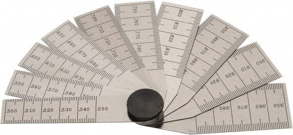 Starrett - 1/2 to 1 Inch Measurement, 10 Leaf Taper Gage - 2-3/4 Inch Long, Tempered Steel, 0.001 Inch Graduation - Benchmark Tooling