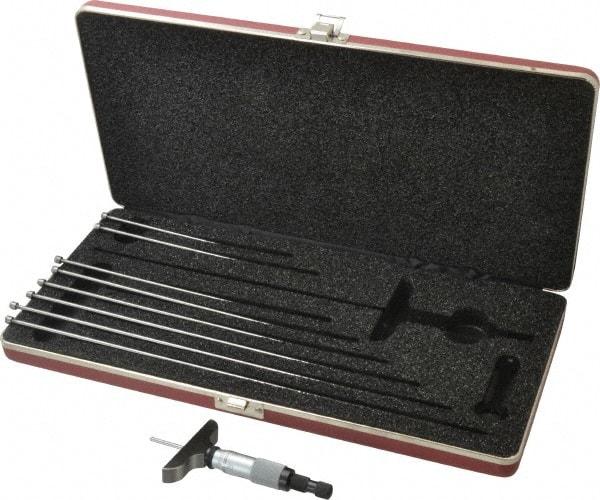 Starrett - 0 to 9" Range, 9 Rod, Mechanical Depth Micrometer - Ratchet Stop Thimble, 2-1/2" Base Length, 0.01mm Graduation, 1/8" Rod Diam - Benchmark Tooling