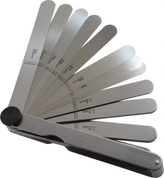 Starrett - 13 Piece, 0.04 to 5mm Parallel Feeler Gage Set - 4-1/2" Long x 1/2" Wide, Tempered Steel - Benchmark Tooling