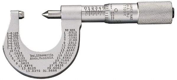 Starrett - 0 to 25mm Range, Mechanical Screw Thread Micrometer - Plain Thimble, 0.01mm Graduation, 0.0002" Accuracy - Benchmark Tooling