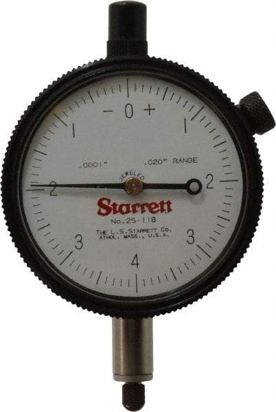 Starrett - 0.02" Range, 0-4-0 Dial Reading, 0.0001" Graduation Dial Drop Indicator - 2-1/4" Dial, 0.008" Range per Revolution - Benchmark Tooling