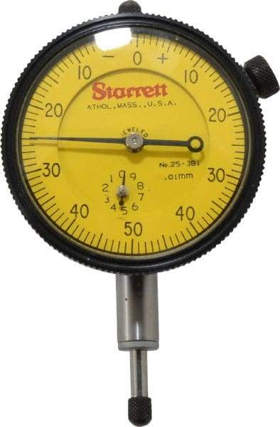 Starrett - 10mm Range, 0-50-0 Dial Reading, 0.01mm Graduation Dial Drop Indicator - 2-1/4" Dial, 1mm Range per Revolution - Benchmark Tooling