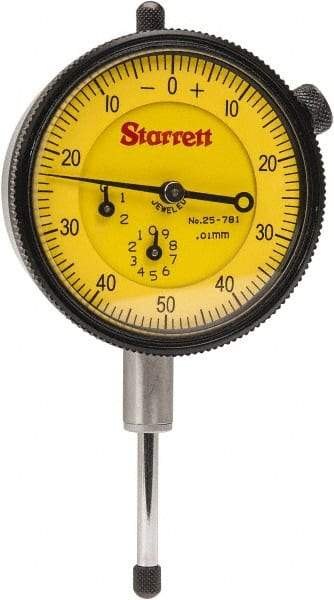 Starrett - 25mm Range, 0-50-0 Dial Reading, 0.01mm Graduation Dial Drop Indicator - 2-1/4" Dial, 1mm Range per Revolution - Benchmark Tooling