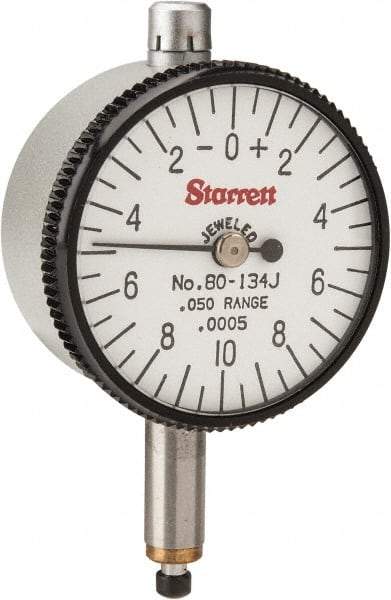 Starrett - 0.05" Range, 0-10-0 Dial Reading, 0.0005" Graduation Dial Drop Indicator - 1-1/4" Dial, 0.02" Range per Revolution - Benchmark Tooling