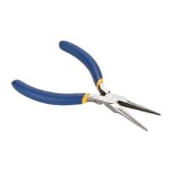 Irwin - 5-1/2" OAL, 1-1/4" Jaw Length x 9/16" Jaw Width, Long Nose Needle Nose Pliers - Serrated Jaw, Standard Head, Dipped Vinyl Handles, with Spring - Benchmark Tooling