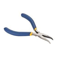 Irwin - 5" OAL, 1-1/4" Jaw Length x 9/16" Jaw Width, Long Nose Needle Nose Pliers - Serrated Jaw, Curved Head, Dipped Vinyl Handles, with Spring - Benchmark Tooling