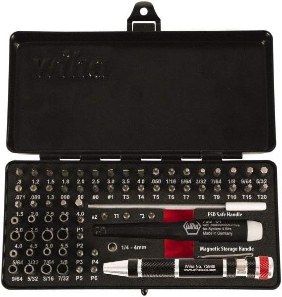 Wiha - 65 Piece, 4mm Drive Screwdriver Micro Bit Set - 0.7 to 4mm Hex, T3 to T20 Torx, 0.8, 1.2, 1.5, 1.8, 2, 2.5, 3, 3.5 & 4mm Slotted - Benchmark Tooling