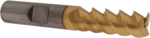 SGS - 3/8", 1" LOC, 3/8" Shank Diam, 2-1/2" OAL, 3 Flute, Solid Carbide Square End Mill - Single End, TiN Finish, Spiral Flute, 30° Helix, Centercutting, Right Hand Cut, Right Hand Flute, Series 5 - Benchmark Tooling