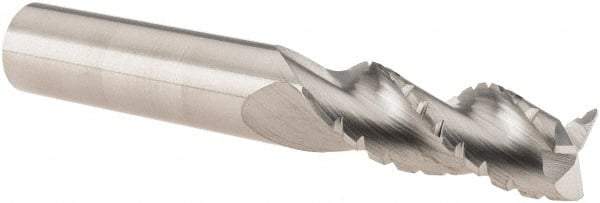 SGS - 3/8" Diam, 1" LOC, 3 Flute Solid Carbide 0.01" Corner Radius Roughing End Mill - Uncoated, 2-1/2" OAL, 3/8" Shank Diam, Single End, Centercutting, 38° Helix - Benchmark Tooling