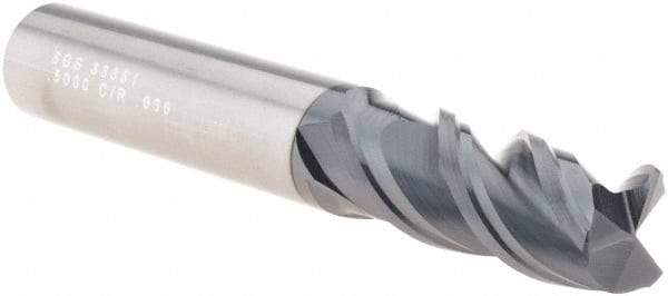 SGS - 1/2", 3 Flute, Single End, Solid Carbide, 0.03" Corner Radius End Mill - 3-1/4" OAL, Right Hand Flute, 1-1/4" LOC, Right Hand Cut - Benchmark Tooling