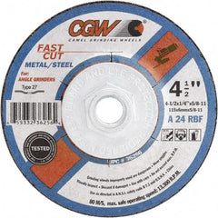 Camel Grinding Wheels - 24 Grit, 5" Wheel Diam, 1/4" Wheel Thickness, Type 27 Depressed Center Wheel - Coarse Grade, Aluminum Oxide, Resinoid Bond, 12,250 Max RPM - Benchmark Tooling