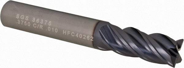 SGS - 3/8", 4 Flute, Single End, Solid Carbide, 0.01" Corner Radius End Mill - 2-1/2" OAL, Right Hand Flute, 7/8" LOC, Right Hand Cut - Benchmark Tooling