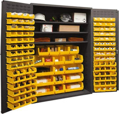 Durham - 3 Shelf 138 Bin Storage Cabinet - Steel, 48" Wide x 24" Deep x 72" High, Yellow - Benchmark Tooling