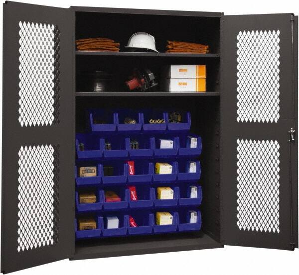 Durham - 2 Shelf 24 Bin Storage Cabinet - Steel, 48" Wide x 18" Deep x 72" High, Blue - Benchmark Tooling