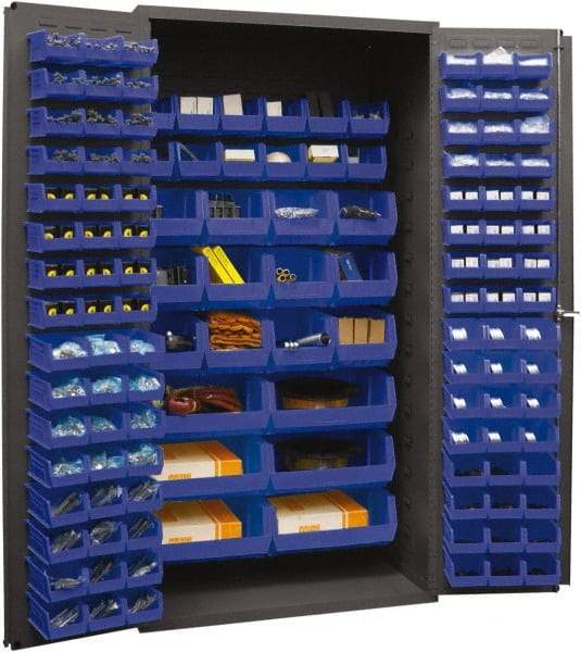 Durham - 126 Bin Storage Cabinet - Steel, 36" Wide x 24" Deep x 72" High, Blue - Benchmark Tooling